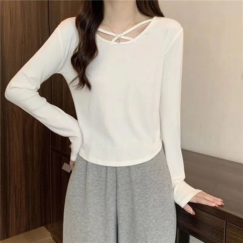 Early Autumn Hot Girl Style Crossover Tops Slimming Gray Bottoming Shirt