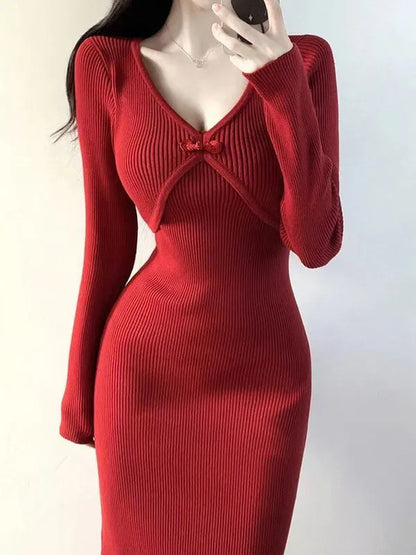 Autumn And Winter New Chinese Retro Red Knitted Hip Skirt