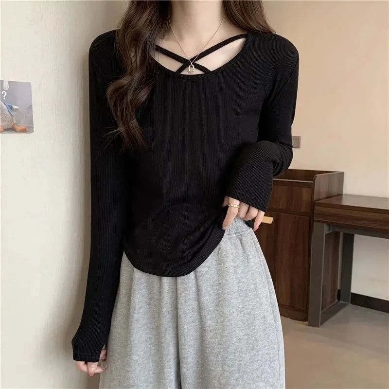 Early Autumn Hot Girl Style Crossover Tops Slimming Gray Bottoming Shirt