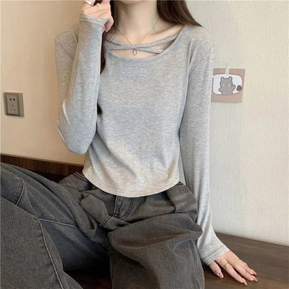 Early Autumn Hot Girl Style Crossover Tops Slimming Gray Bottoming Shirt