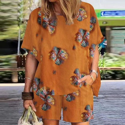 Cotton And Linen Plus Size Women's Clothing Printed Women's Retro Set